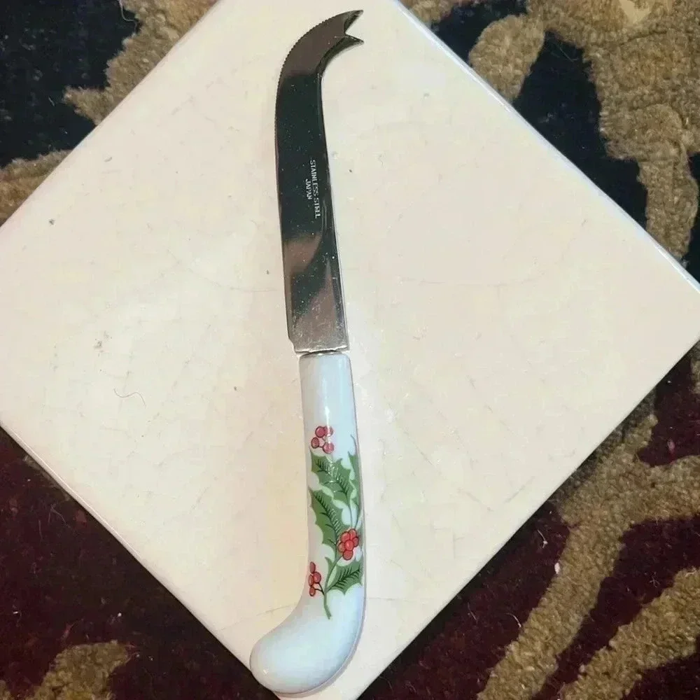 Vintage Holiday Holly Berry 3 Piece Cheese Set Stainless Steel Made In Japan
